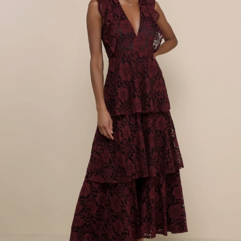 Lulu's Burgundy Lace Tiered Maxi Dress